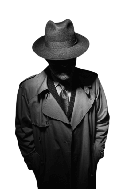 Investigatore privato con cappello a bombetta di colore nero e una lunga giacca scura